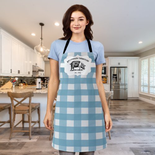 Blue Buffalo Plaid Farm Pig Apron