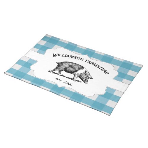 Blue Buffalo Plaid Farm Pig Cloth Placemat