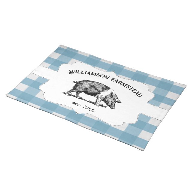 Blue Buffalo Plaid Farm Pig Cloth Placemat (On Table)