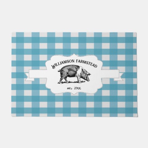 Blue Buffalo Plaid Farm Pig Doormat