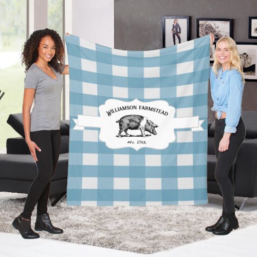 Blue Buffalo Plaid Farm Pig Fleece Blanket