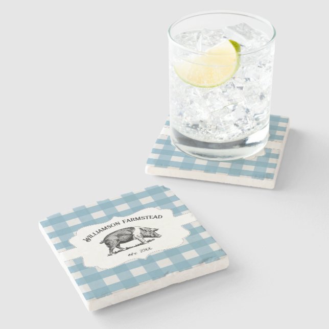 Blue Buffalo Plaid Farm Pig Stone Coaster (Side)