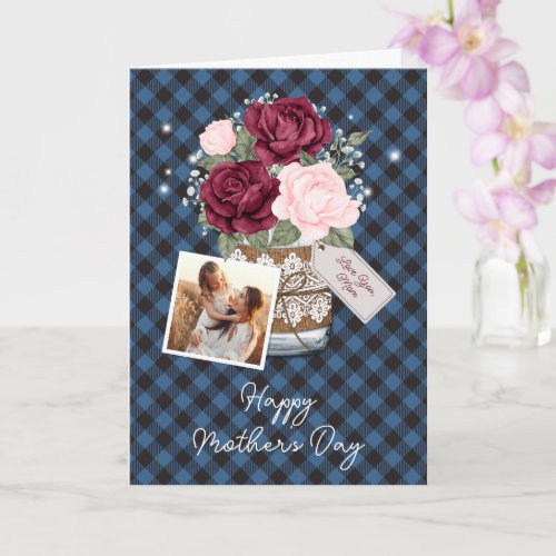 Blue Buffalo Plaid Floral Photo Happy Mothers Day Card