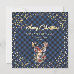 Blue Buffalo Plaid Gold Reindeer Snow Christmas Holiday Card