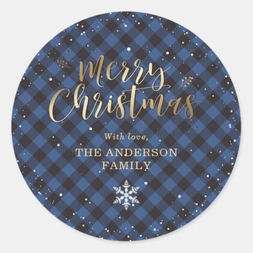 Blue Buffalo Plaid Gold Snow Christmas Classic Round Sticker