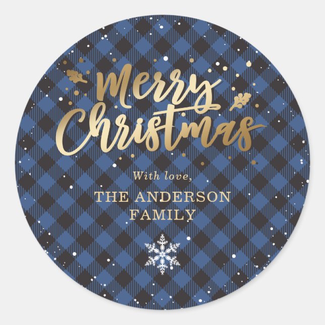 Blue Buffalo Plaid Gold Snow Christmas Classic Round Sticker (Front)