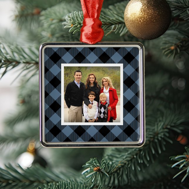 Blue Buffalo Plaid Holiday Photo Metal Ornament (Creator Uploaded)