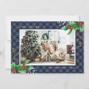 Blue Buffalo Plaid Holly Photo Christmas Cards