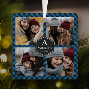 Blue Buffalo Plaid Lumberjack Family Photo Collage Metal Ornament