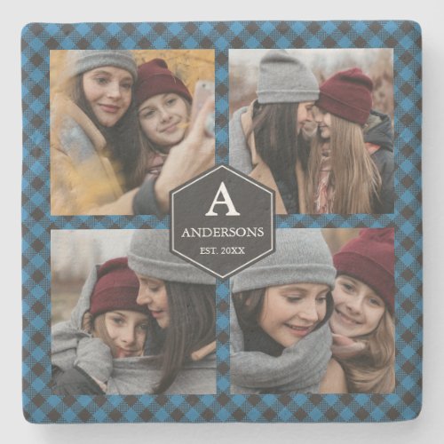 Blue Buffalo Plaid Lumberjack Family Photo Collage Stone Coaster