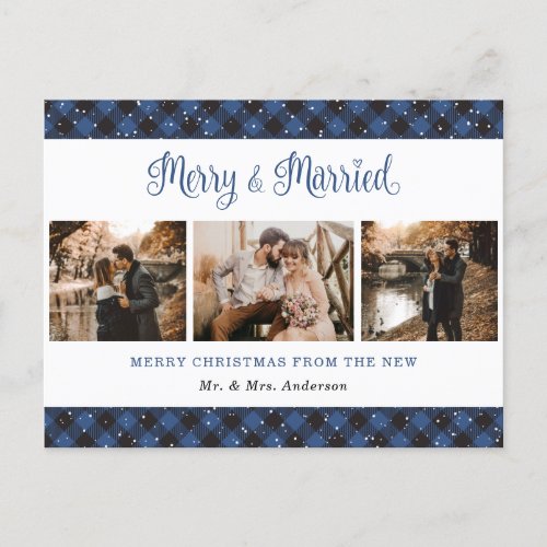 Blue Buffalo Plaid Married and Merry Newlyweds Holiday Postcard