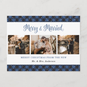 Blue Buffalo Plaid Married and Merry Newlyweds Holiday Postcard