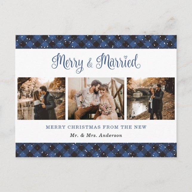 Blue Buffalo Plaid Married and Merry Newlyweds Holiday Postcard (Front)