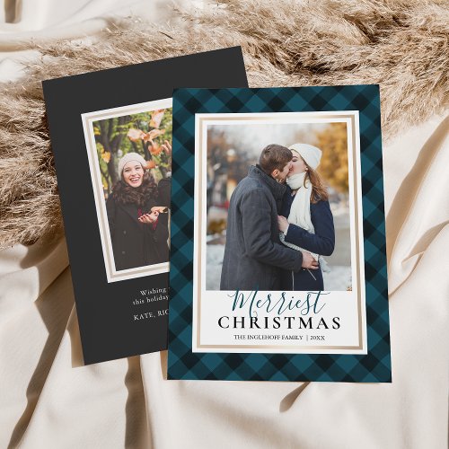 Blue Buffalo Plaid Merriest Christmas Photo Holiday Card