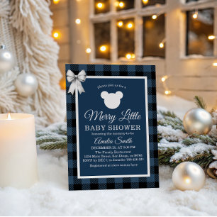 Blue Buffalo Plaid Merry Little Bear Baby Shower Invitation