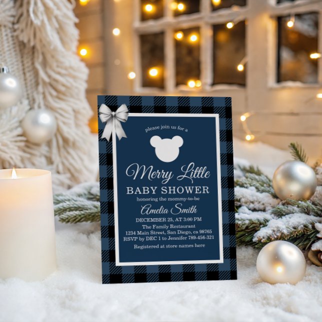 Blue Buffalo Plaid Merry Little Bear Baby Shower Invitation (Creator Uploaded)