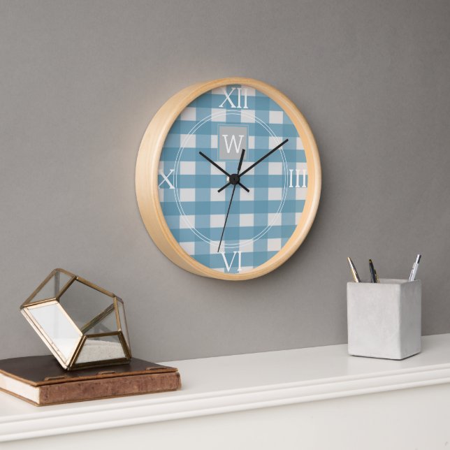 Blue Buffalo Plaid Monogram Clock (Office)