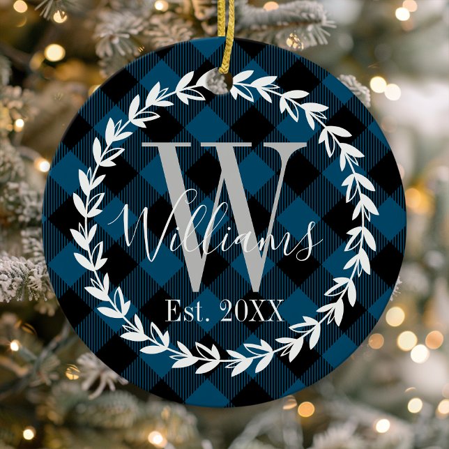 Blue Buffalo Plaid Monogram Wreath Christmas Ceramic Ornament (Creator Uploaded)