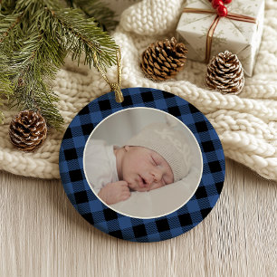 BLUE BUFFALO PLAID NAME Photo Christmas Keepsake Ornament