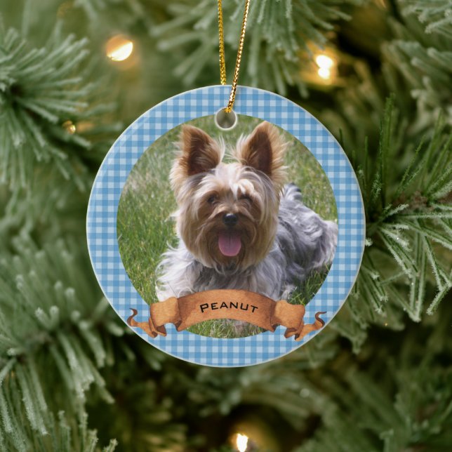 Blue Buffalo Plaid Pet Photo Personalized Ceramic Ornament (Tree)