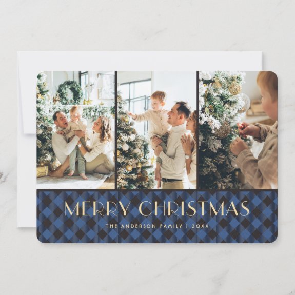 Blue Buffalo Plaid Photo Collage Christmas Card