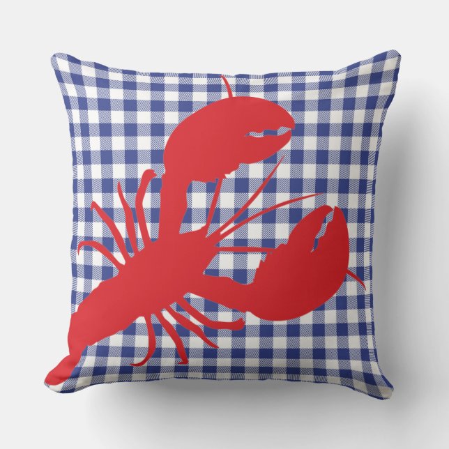 Blue Buffalo Plaid Red Lobster Family Reunion Text Throw Pillow (Front)