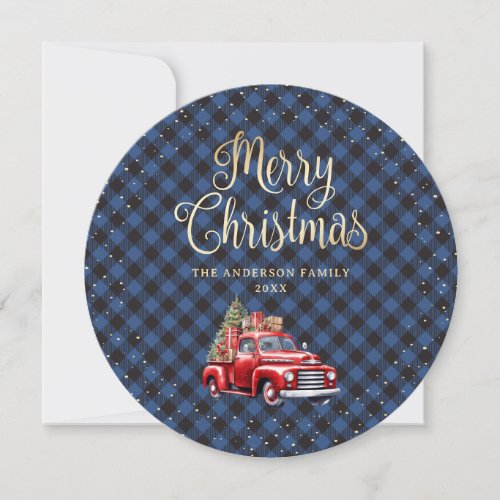 Blue Buffalo Plaid Red Truck Christmas Cards