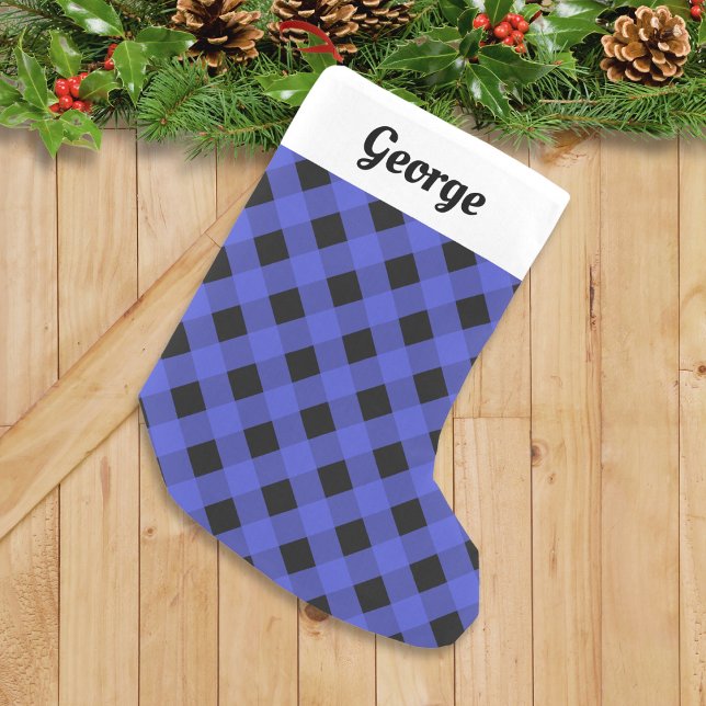 Blue Buffalo Plaid Rustic Personalized Small Christmas Stocking (A festive Christmas stocking with blue buffalo plaid pattern and custom name on white panel at top)