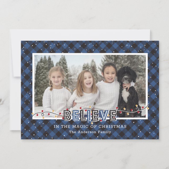 Blue Buffalo Plaid Snow Believe Photo Holiday Card (Front)