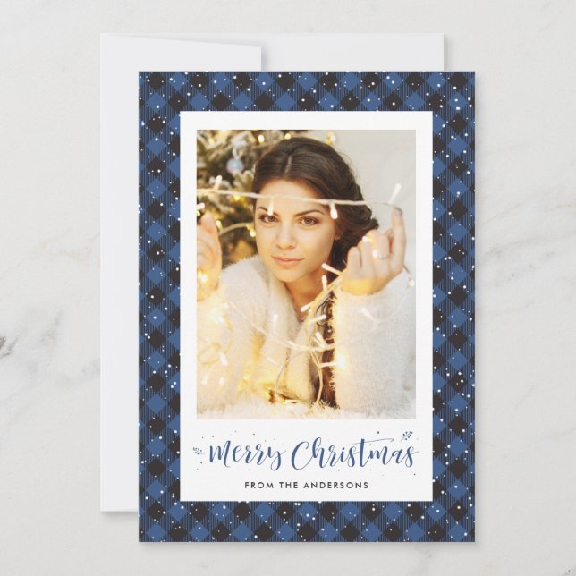 Blue Buffalo Plaid Snow Photo Christmas Cards (Front)