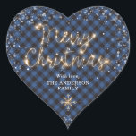 Blue Buffalo Plaid Snow Sparkly Merry Christmas Heart Sticker<br><div class="desc">Beautiful custom blue buffalo plaid Merry Christmas stickers featuring a sparkly calligraphy title and snowflakes on a blue buffalo plaid background. Easily personalize these blue and black checkered Christmas heart stickers with your name.</div>