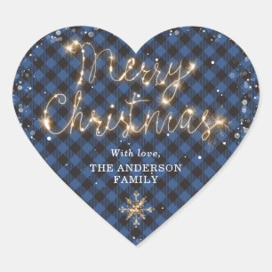 Blue Buffalo Plaid Snow Sparkly Merry Christmas Heart Sticker