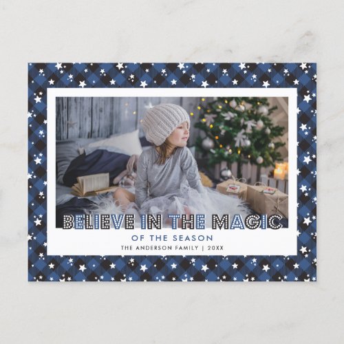 Blue Buffalo Plaid Snow Stars Believe Photo Holiday Postcard