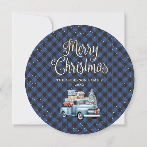 Blue Buffalo Plaid Snow Truck Christmas Cards