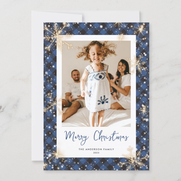 Blue Buffalo Plaid Sparkly Photo Christmas Cards