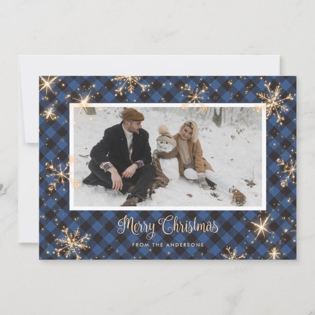 Blue Buffalo Plaid Sparkly Photo Christmas Cards (Front)