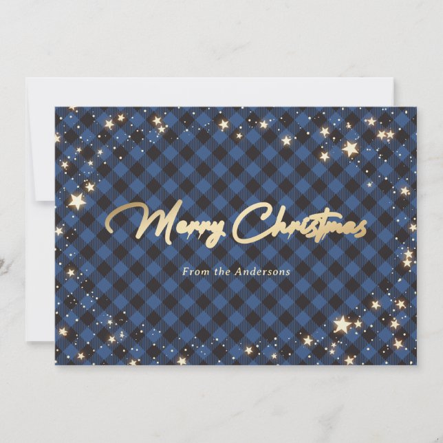 Blue Buffalo Plaid Stars Christmas Cards (Front)