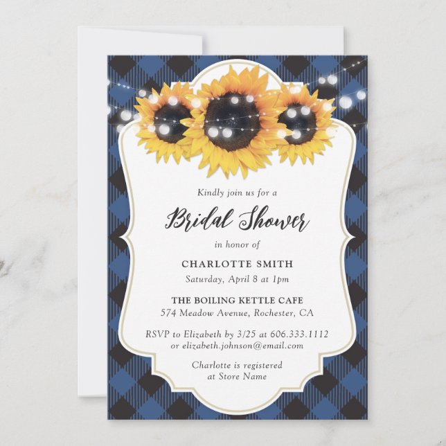 Blue Buffalo Plaid Sunflower Bridal Shower Invitation (Front)
