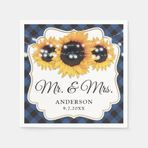 Blue Buffalo Plaid Sunflower Mr. & Mrs. Wedding Napkins