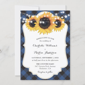 Blue Buffalo Plaid Sunflower Wedding Invitation