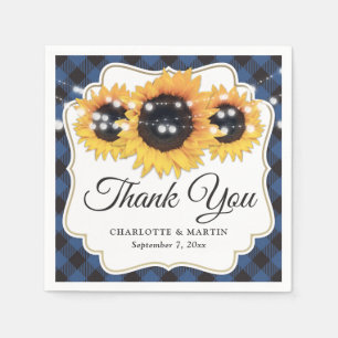 Blue Buffalo Plaid Sunflower Wedding Napkins