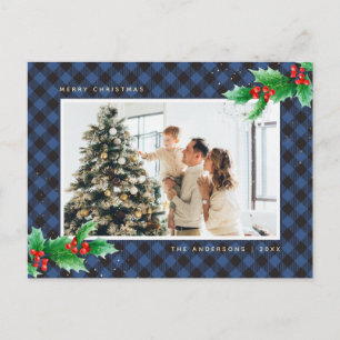 Blue Buffalo Plaid Watercolor Photo Christmas Holiday Postcard