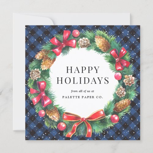 Blue Buffalo Plaid Wreath Corporate Business Holiday Card