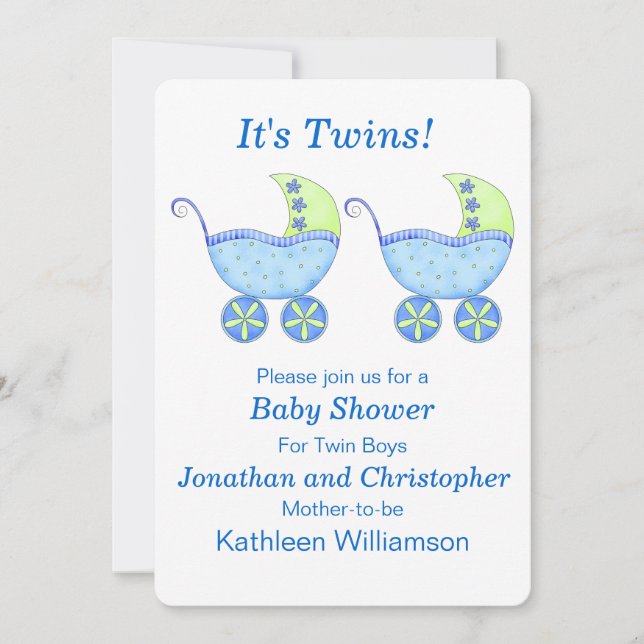 Blue Buggy Carriage Twin Boys Baby Shower Invitation (Front)