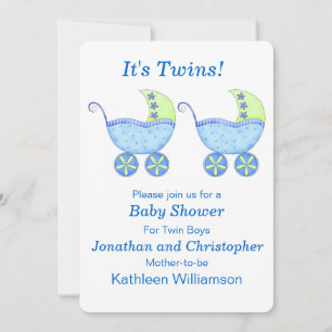 Blue Buggy Carriage Twin Boys Baby Shower Invitation