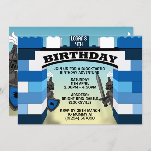 Blue Building Blocks Castle Birthday Invitations