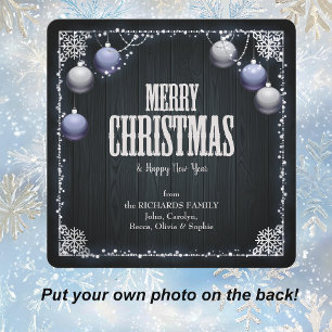 Blue Bulbs White Frame Dark Wood Photo Christmas Holiday Card