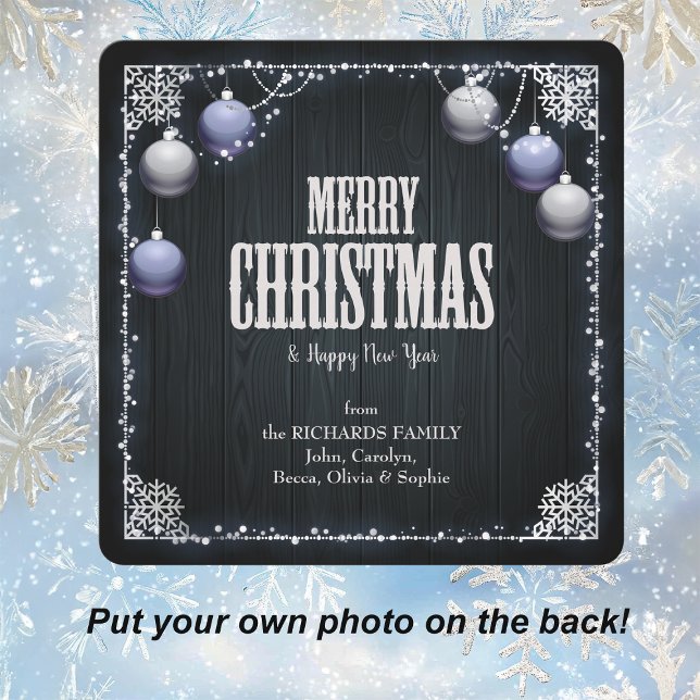 Blue Bulbs White Frame Dark Wood Photo Christmas Holiday Card (Creator Uploaded)