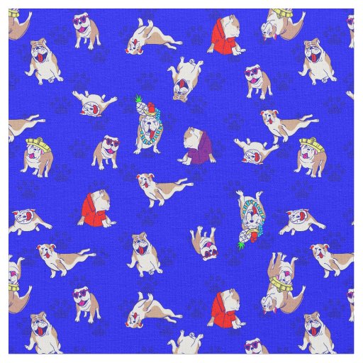 blue bulldog funny puppy dog whimsical paw prints fabric