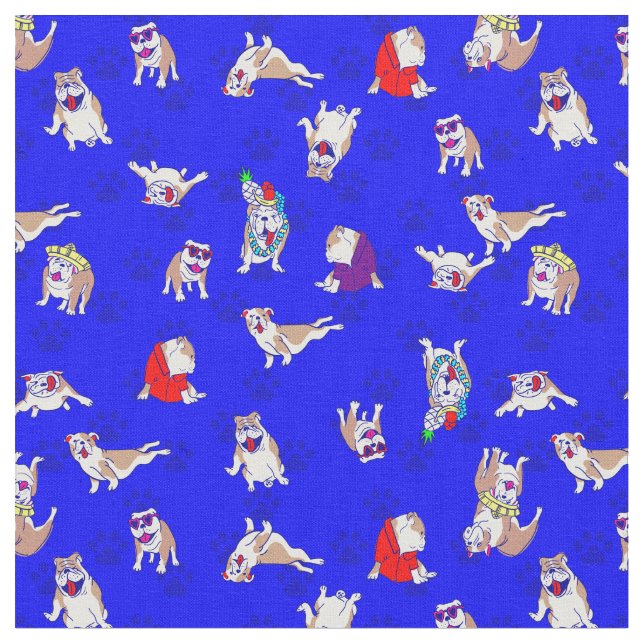 blue bulldog funny puppy dog whimsical paw prints fabric (Close Up)
